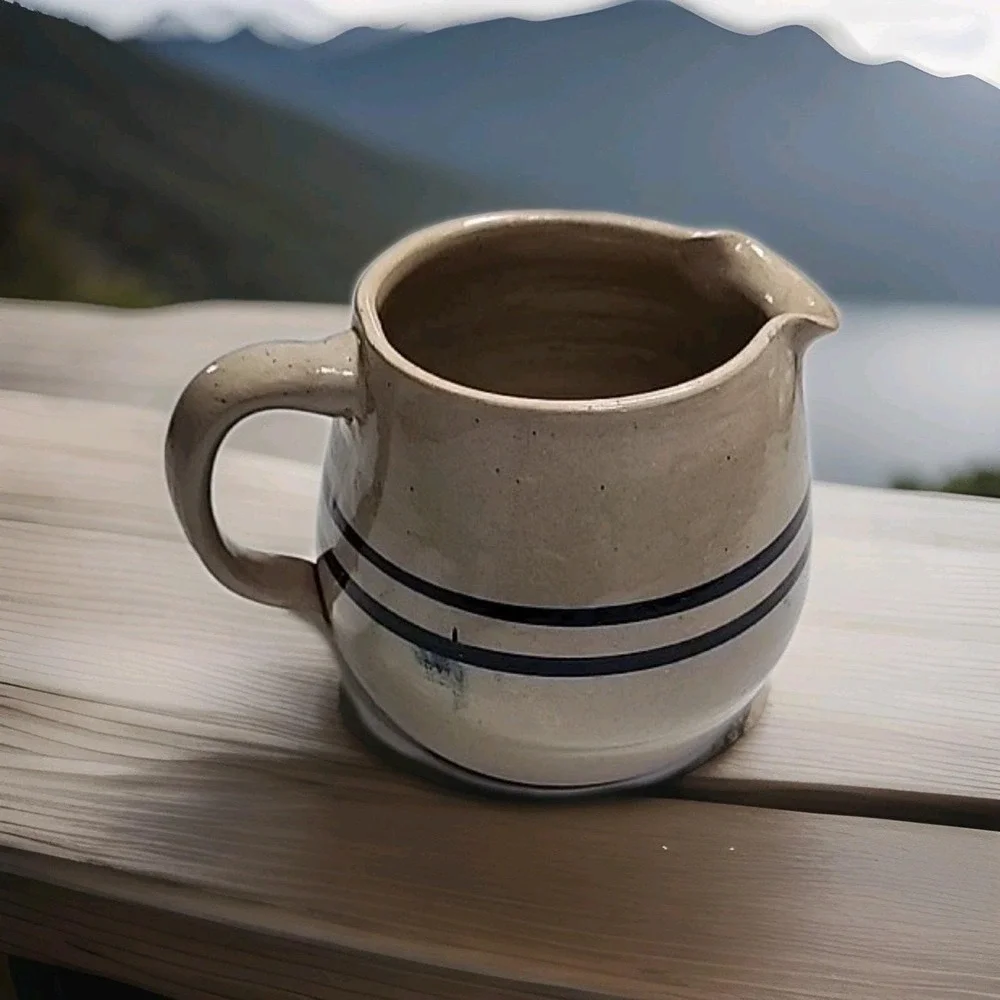 VTG Marshall Pottery Pitcher With Double Navy Stripe Hand Turned Stoneware 4.5